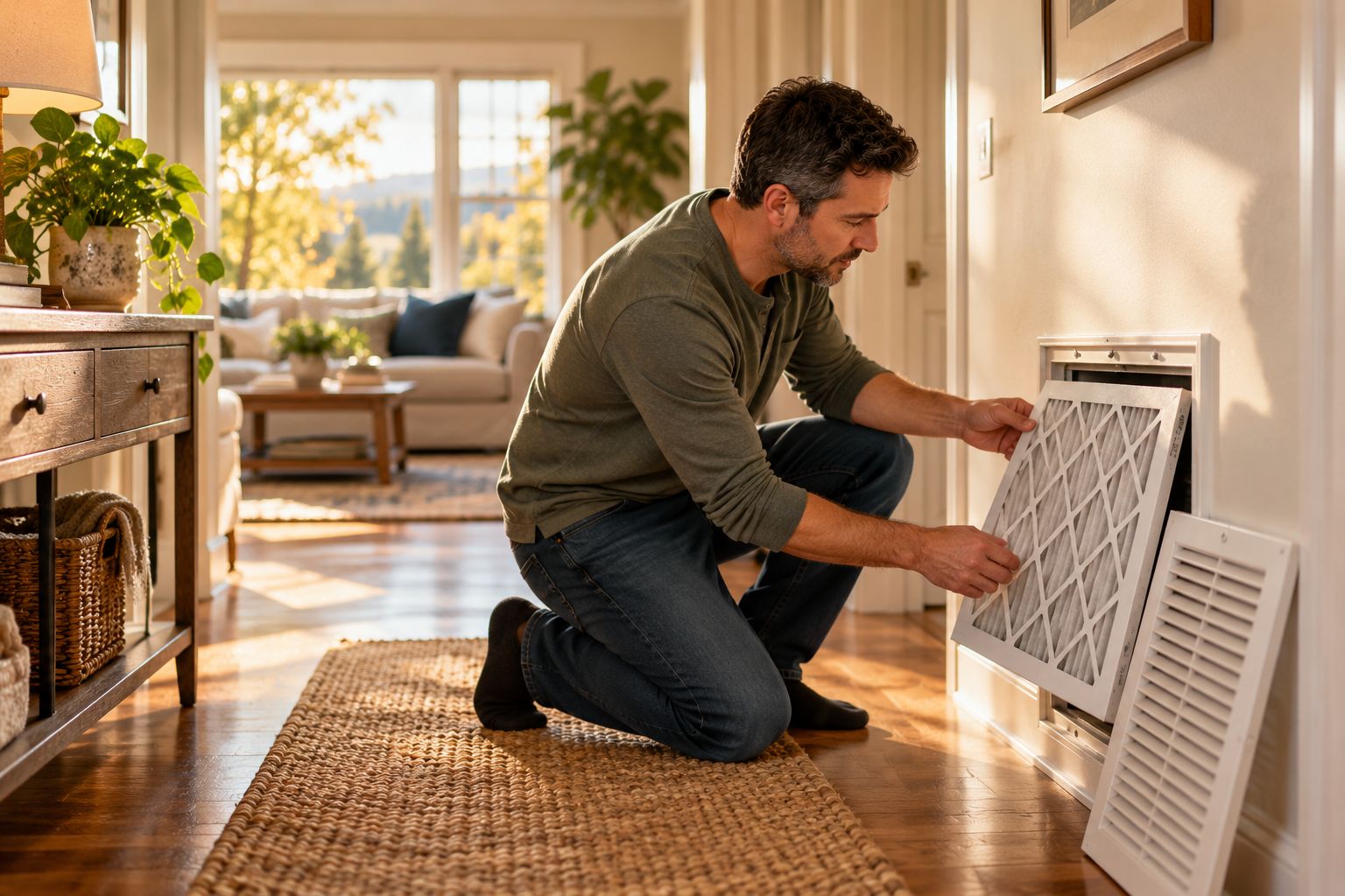 A homeowner changing the furnace air filter.