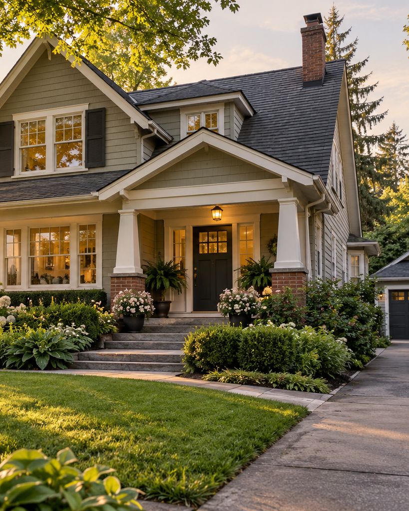 A craftsman home with a tended front garden in evening light.