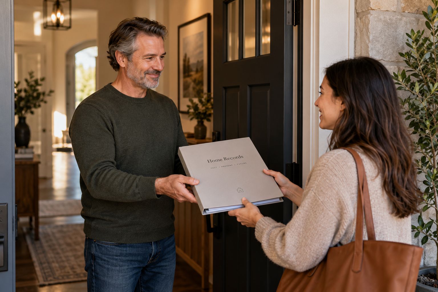 A homeowner handing the home's records to the next owner at the front door.