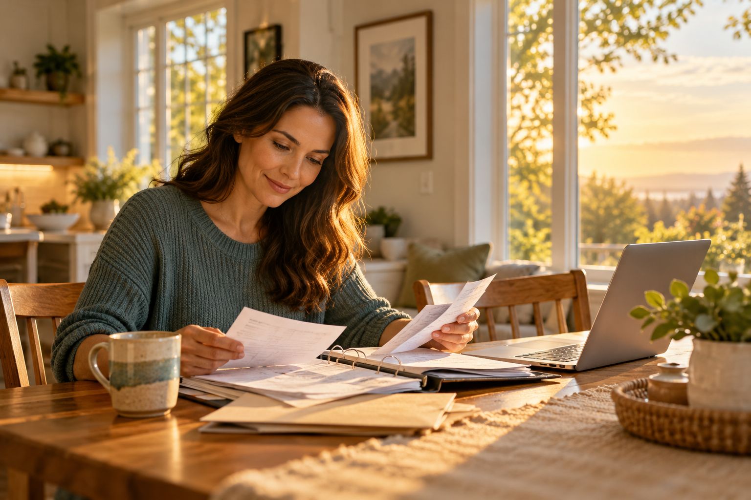 A homeowner sorting a binder of home paperwork at the kitchen table.