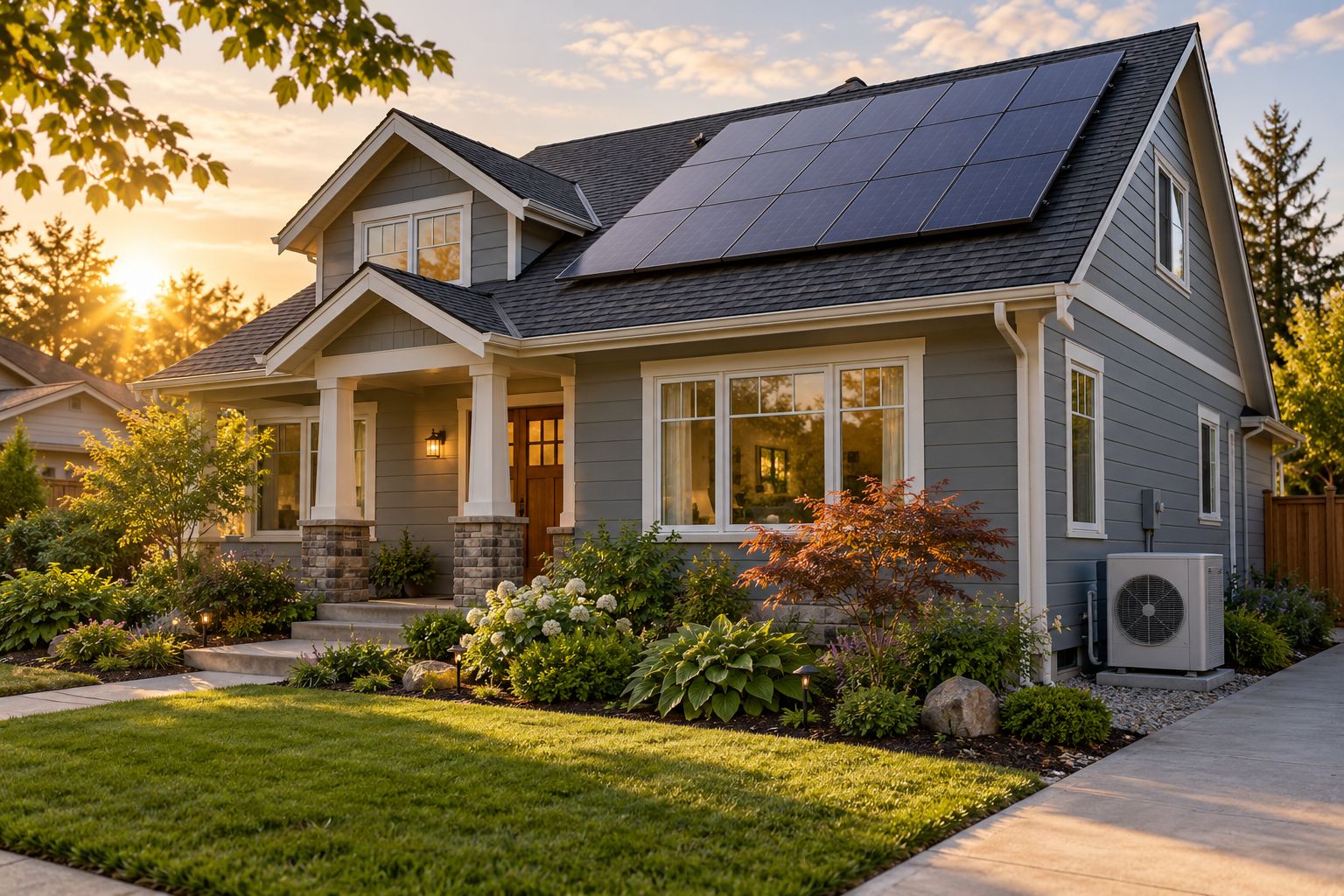 A home with new solar panels and a heat pump.