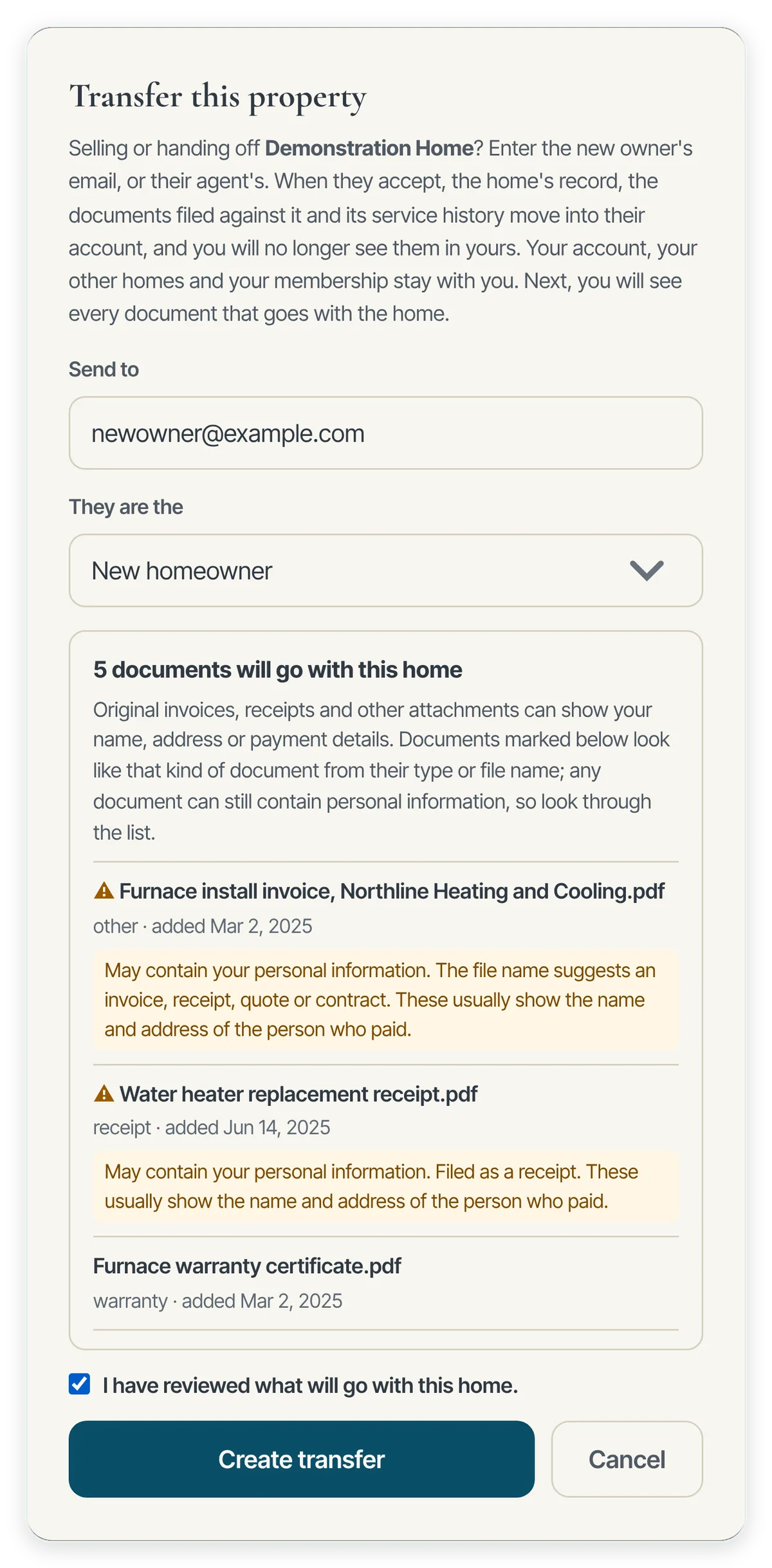 The transfer step for a sample home: the seller sees the five documents that will go with the home, two marked as possibly showing their personal information, and confirms they have reviewed them before creating the transfer.