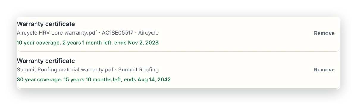 Warranties in a sample home, each kept with its system and its end date.