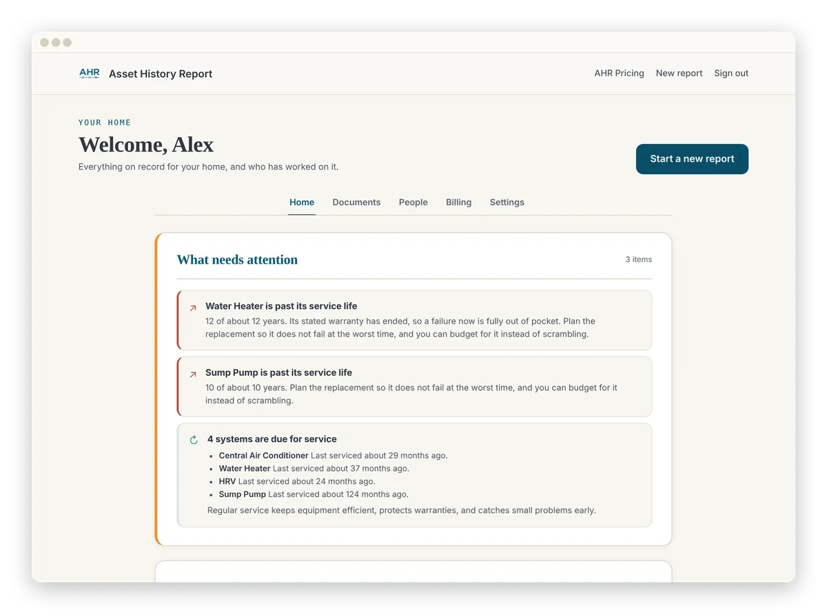 The home screen for a sample home: what needs attention, what is coming up and the systems on record.