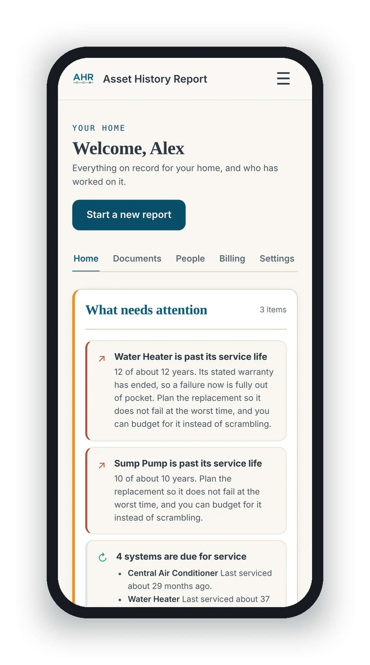 The home screen of Asset History Report on a phone, for a sample home: what needs attention and what is coming up.