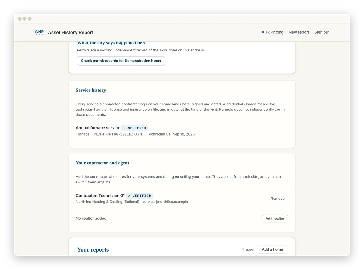 Filed service history for a system in the sample home