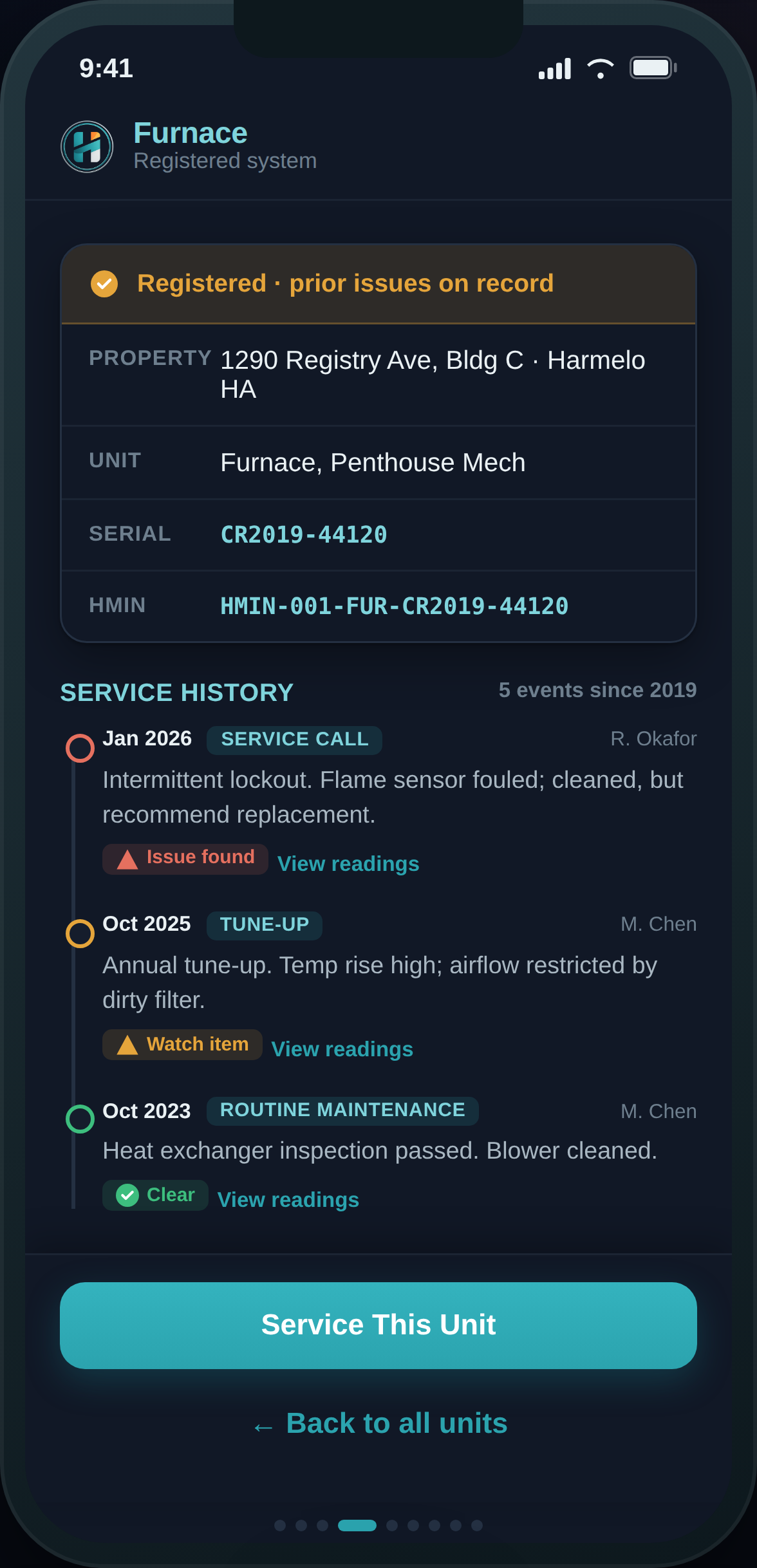 A contractor viewing a unit's service history before a visit